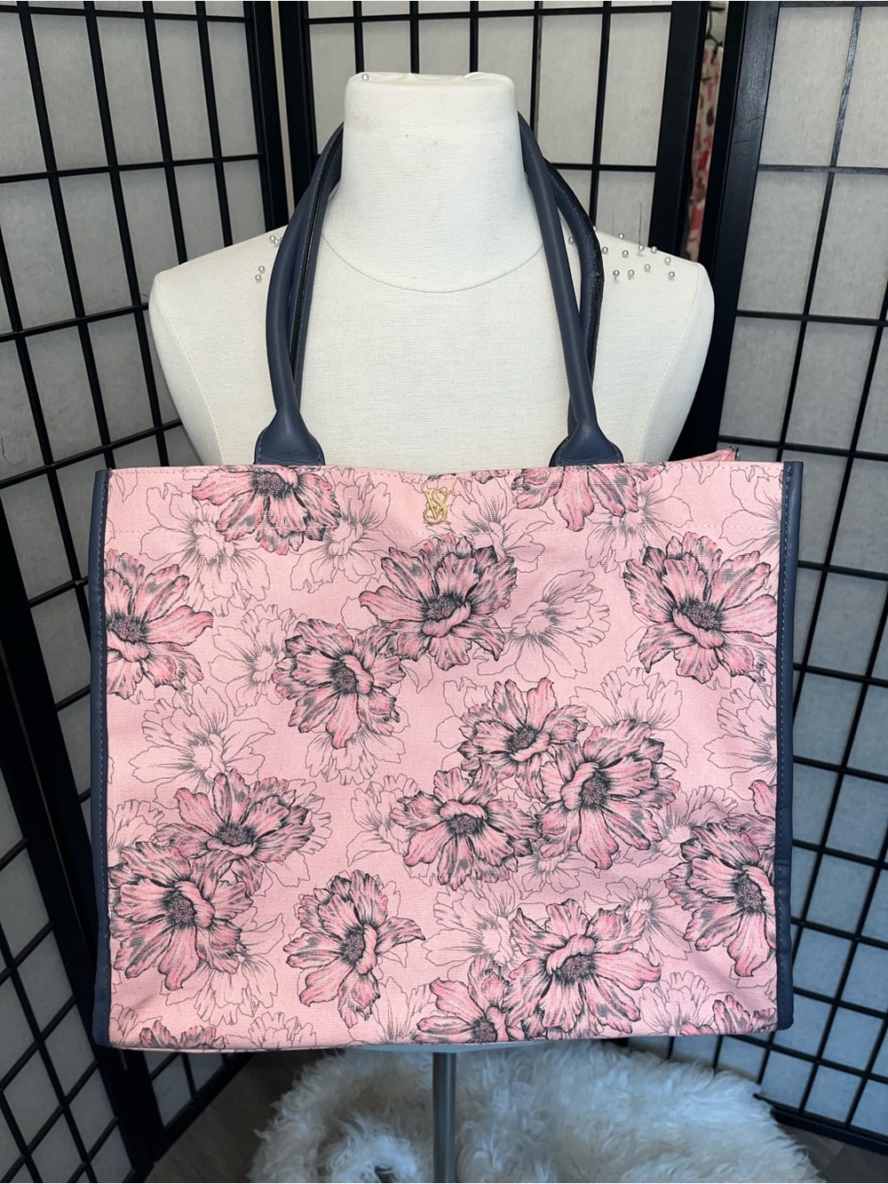Victoria's Secret Pink Floral Tote with Navy Trim